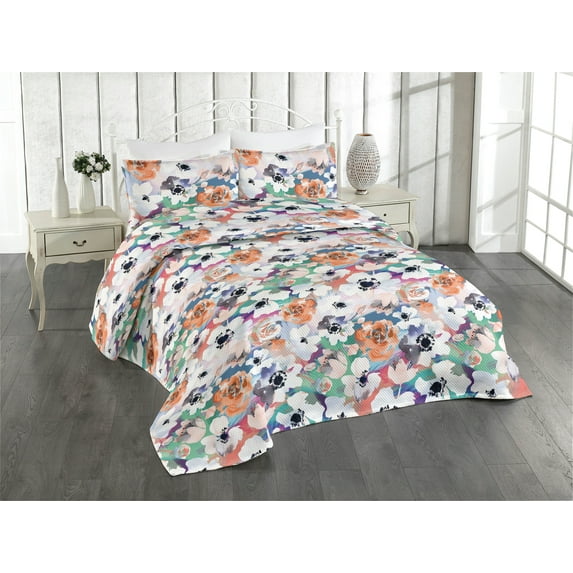 Ambesonne Dreamy Floral Quilted Bedspread Set 3 Pcs, Aquarelle Anemones, Twin, Burnt Sienna Off White