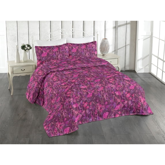 Ambesonne Dreamy Floral Quilted Bedspread Set 3 Pcs, Flowers of Wild Life, King, Magenta Dark Magenta