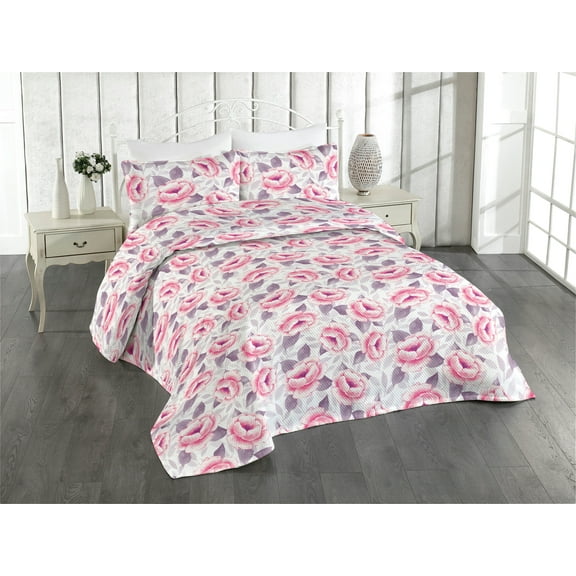Ambesonne Dreamy Floral Quilted Bedspread Set 3 Pcs, Soft Colors Leafy Art, King, Pastel Pink Grey Pink