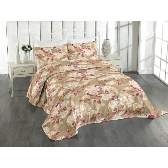 Ambesonne Dreamy Floral Quilted Coverlet 3 Pcs, Vintage Roses Print, King Size, Raspberry Camel Cocoa