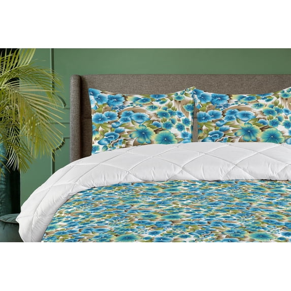 Ambesonne Dreamy Flowers Down Alternative Quilt Comforter, Boho Fantasy Floral, Twin XL, Sea Green Sky Blue White