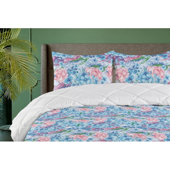 Ambesonne Dreamy Flowers Down Alternative Quilt Comforter, Delicate Spring Art, Twin, Deep Sky Blue Rose