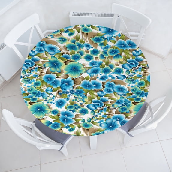 Ambesonne Dreamy Flowers Fitted Round Tablecloth, Boho Fantasy Floral, 56"- 60" Diameter, Sea Green Sky Blue White