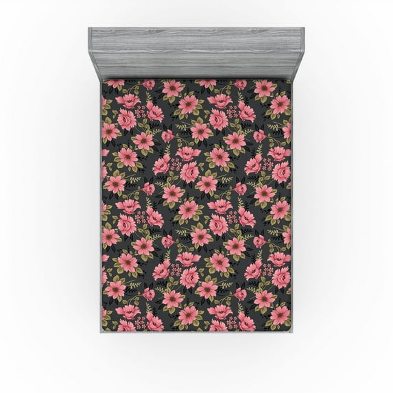 Ambesonne Dreamy Flowers Fitted Sheet, Floral Japanese Feel, Queen Size, Pastel Pink Khaki