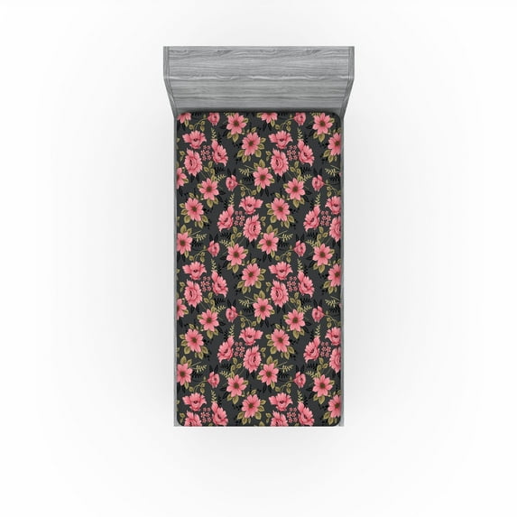 Ambesonne Dreamy Flowers Fitted Sheet, Floral Japanese Feel, Twin Size, Pastel Pink Khaki