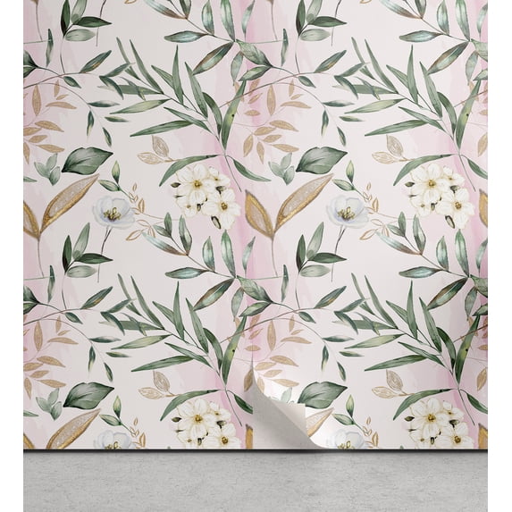 Ambesonne Dreamy Flowers Peel & Stick Wallpaper for Home, Japanese Leafy Art, 13"x100", Soft Pink Peacock Green