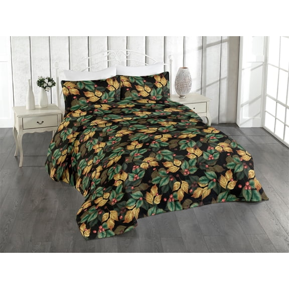 Ambesonne Dreamy Forest Quilted Bedspread Set 3 Pcs, Leafy Scene Jungle, Twin, Mustard Sea Green Coral