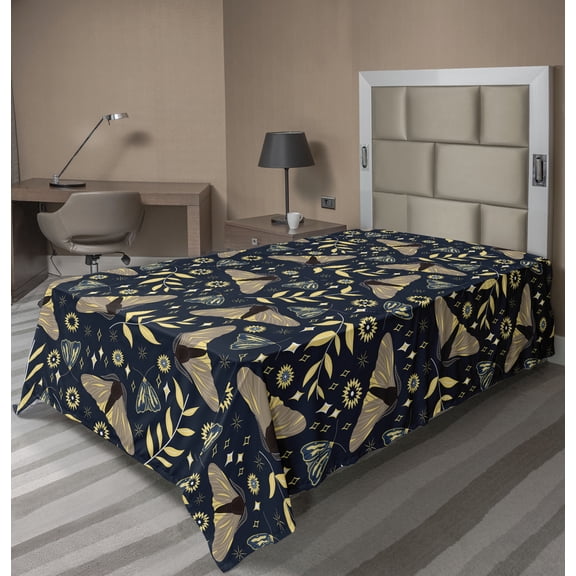 Ambesonne Dreamy Nature Flat Bedding Sheet Soft Top Sheet, Cottagecore Moth Leaf, Twin, Dark Slate Blue Mustard