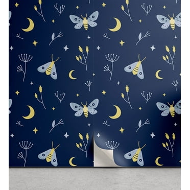 Ambesonne Dreamy Nature Peel & Stick Wallpaper for Home, Fantasy Lunar Moths, 13"x36", Dark Lavender Ceil Blue