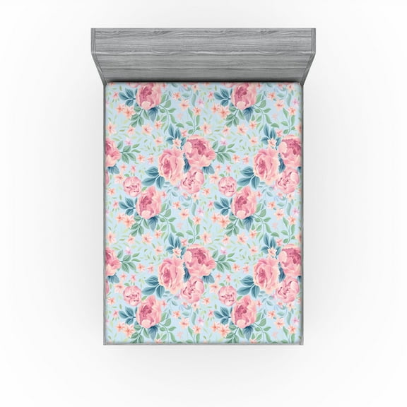 Ambesonne Dreamy Roses Fitted Sheet, Fantasy Concept Floral, California King, Pastel Pink Soft Blue