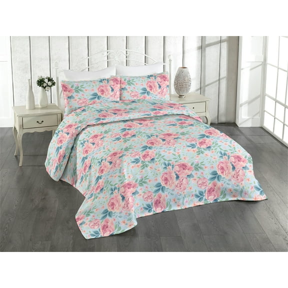 Ambesonne Dreamy Roses Quilted Bedspread Set 3 Pcs, Fantasy Concept Floral, King, Pastel Pink Soft Blue