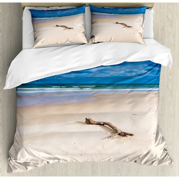 Ambesonne Driftwood Duvet Cover Sets, Deserted Sandy Beach, 2-Queen, Beige and Blue