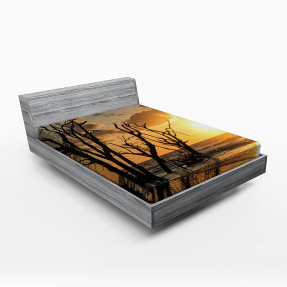 Ambesonne Driftwood Print Fitted Sheet, Sunrise Beach Trees, Full Size, Orange