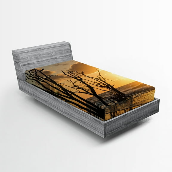 Ambesonne Driftwood Print Fitted Sheet, Sunrise Beach Trees, Twin XL Size, Orange
