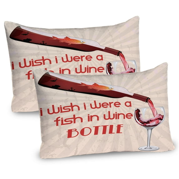 Ambesonne Drinking Saying Pillow Sham 2 Pack, Fish in Wine Bottle, 26"x20", Champagne and Vermilion