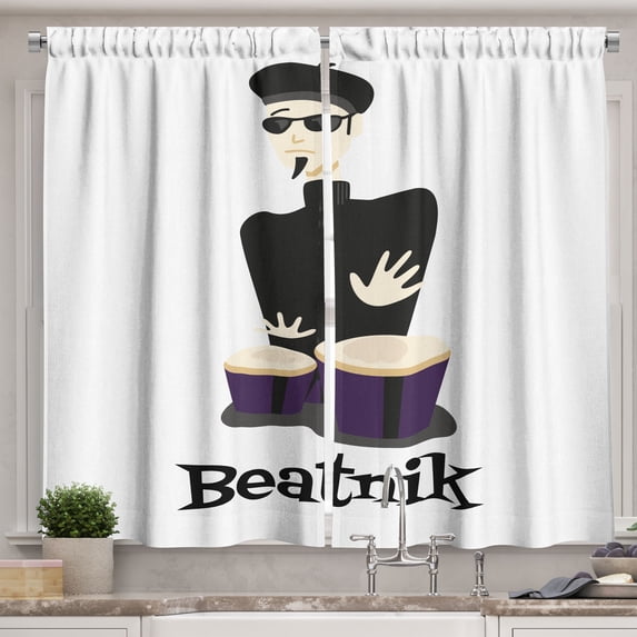 Ambesonne Drums Kitchen Curtains, Beatnik Wording Cool Drummer, 55"x45", Charcoal Grey White