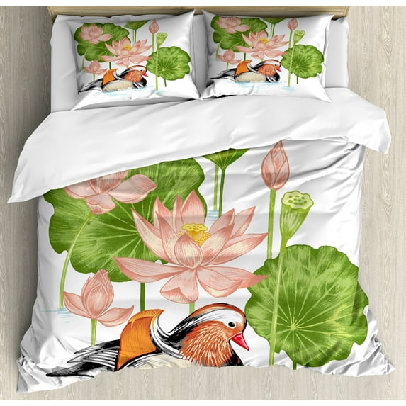 Ambesonne Duck Duvet Cover Set, Mandarin in Pond, 2-Calking, White Green Pink
