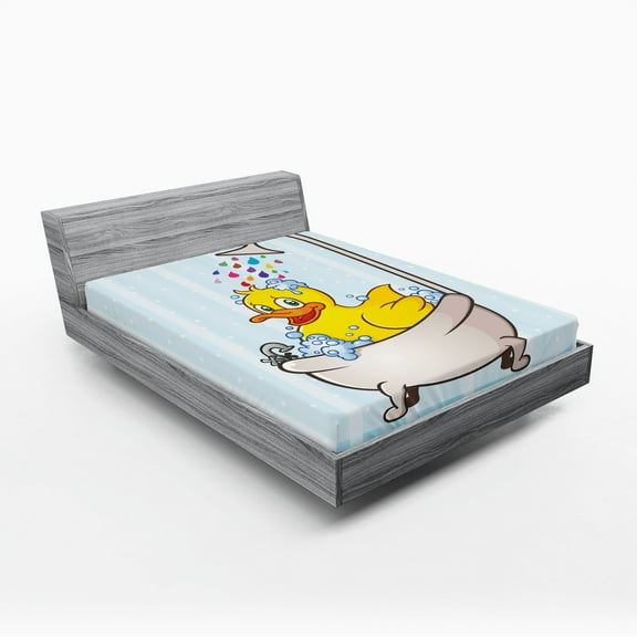 Ambesonne Duck Fitted Sheet, Cartoon Mascot in Bathtub, Full Size, Multicolor