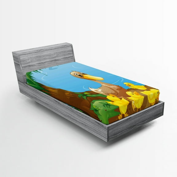 Ambesonne Duck Fitted Sheet, Duck and Ducklings, Twin XL Size, Multicolor