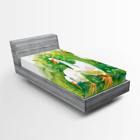 Ambesonne Duck Fitted Sheet, Goose Farm Lake Plants, Twin XL Size, Green and White