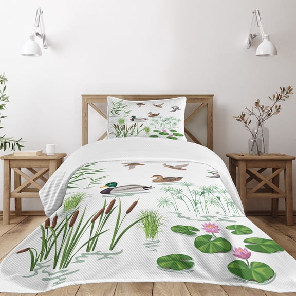 Ambesonne Duck Quilted Bedspread Set 2 Pcs, Lake Animals Plants, Twin Size, White Green