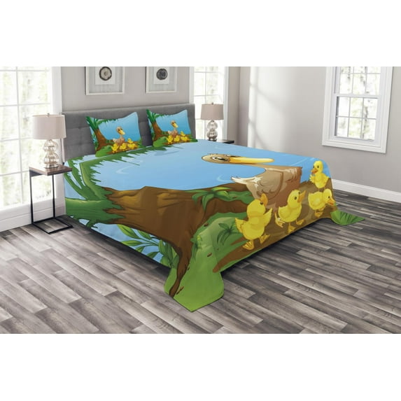 Ambesonne Duck Quilted Bedspread Set 3 Pcs, Duck and Ducklings, Queen Size, Multicolor