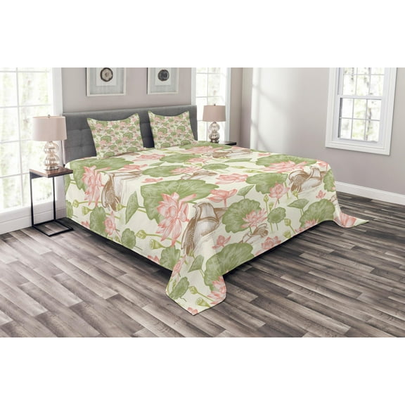 Ambesonne Duck Quilted Bedspread Set 3 Pcs, Lotus Flower Pond Lily, Queen Size, Pink Green and White