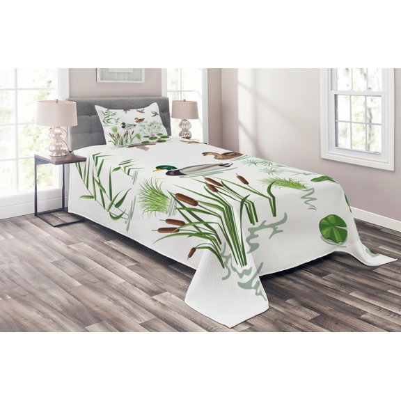 Ambesonne Duck Quilted Coverlet 2 Pcs, Lake Animals Plants, Twin Size, White Green