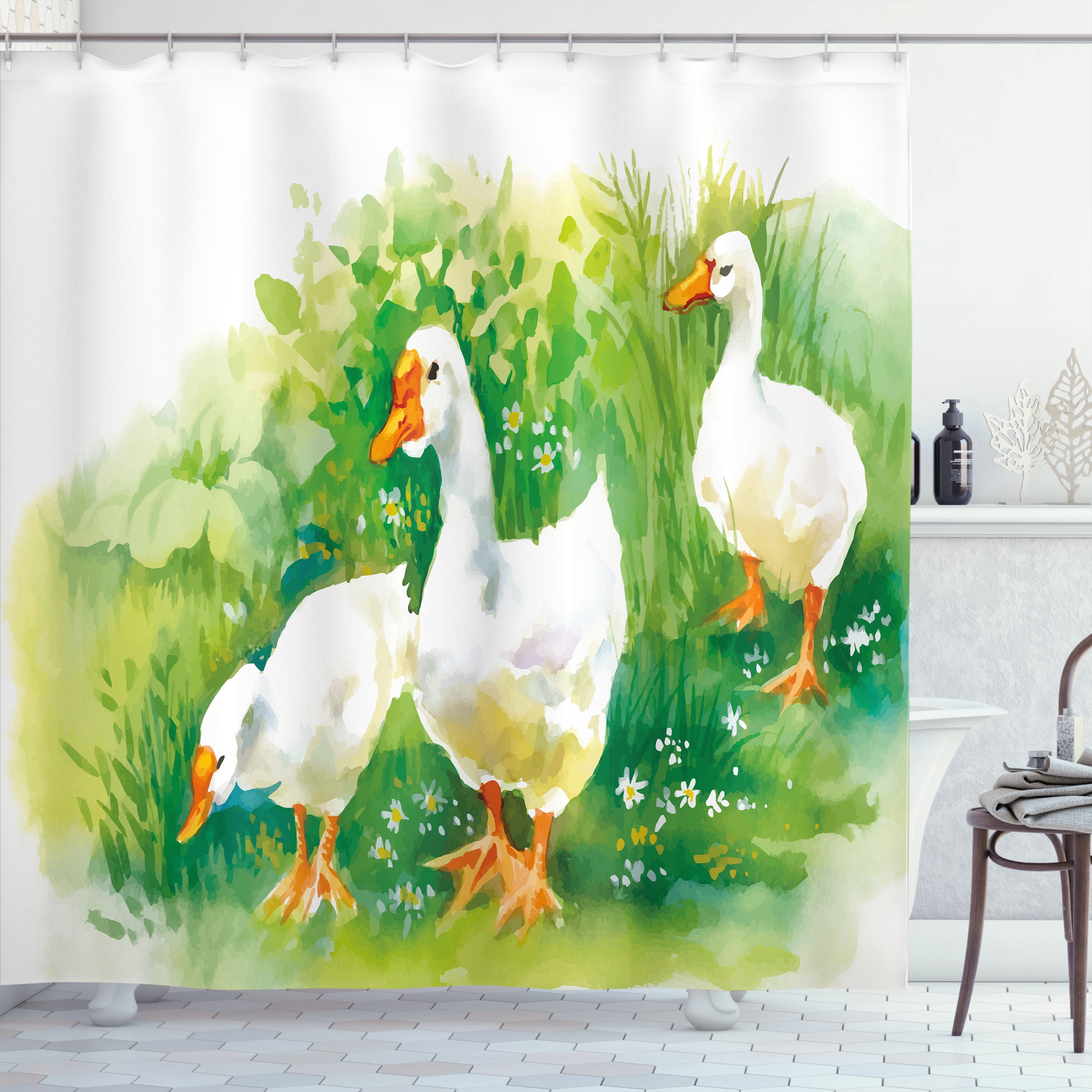 Ambesonne Duck Shower Curtain, Goose Farm Lake Plants, 69"Wx84"L, Green and White - Walmart.com