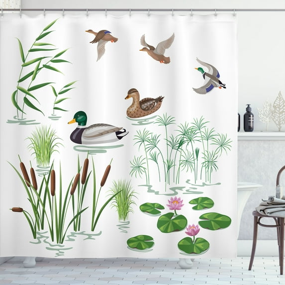 Ambesonne Duck Shower Curtain, Lake Animals Plants, 69"Wx70"L, White Green