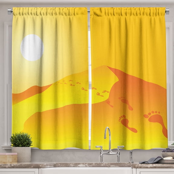 Ambesonne Dune Kitchen Curtains, Sand Hills Sun and Footprints, 55"x45", Yellow Orange