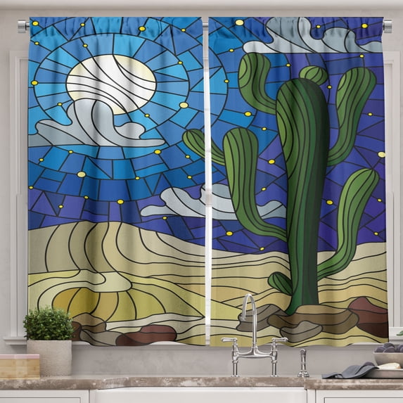 Ambesonne Dune Kitchen Curtains, Starry Sky Cactus on Sand, 55"x36", Multicolor