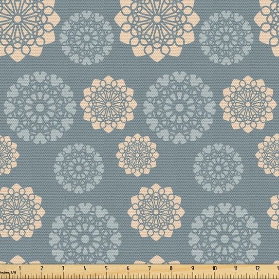 Ambesonne Dusty Blue Fabric by the Yard Upholstery, Mandala Inspired Flowers, 5 Yards, Blue Grey Beige