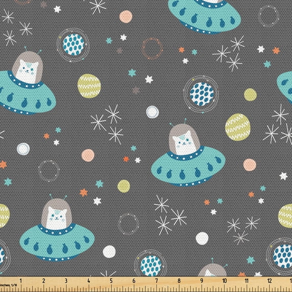 Ambesonne Dusty Blue Fabric by the Yard Upholstery, Space Cat Astronauts, 1 Yard, Grey and Multicolor