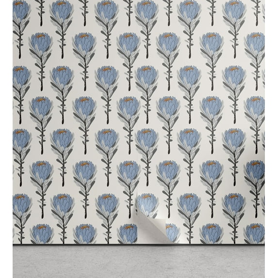 Ambesonne Dusty Blue Peel & Stick Wallpaper for Home, Protea Flowers Pattern, 13"x72", Ivory Blue Grey