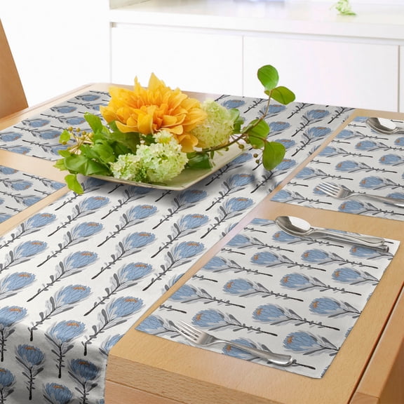 Ambesonne Dusty Blue Table Runner & Placemats, Protea Flowers Pattern, Placemat 4 pcs + Runner 14"x90", Ivory Blue Grey