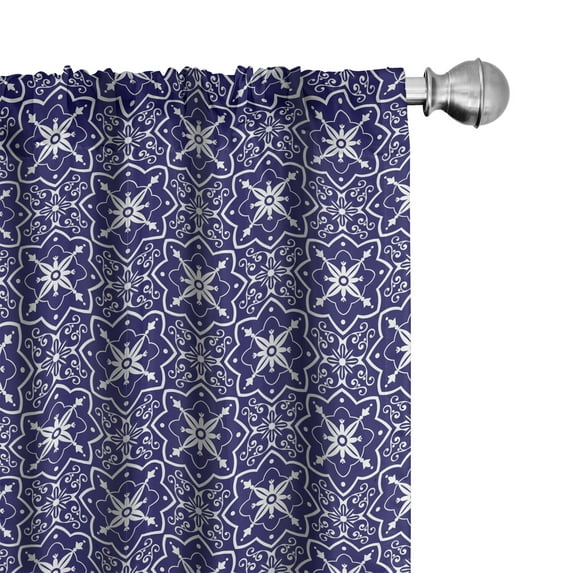Ambesonne Dutch Curtains, Ornate Floral Swirls, Pair of 28"x63", Indigo and White
