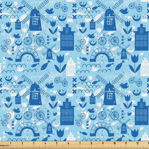 Ambesonne Dutch Fabric by the Yard Upholstery, Cartoon Windmills Design, 1 Yard, Pale Blue Navy Blue
