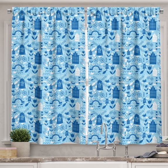 Ambesonne Dutch Kitchen Curtains, Cartoon Windmills Design, 55"x39", Pale Blue Navy Blue