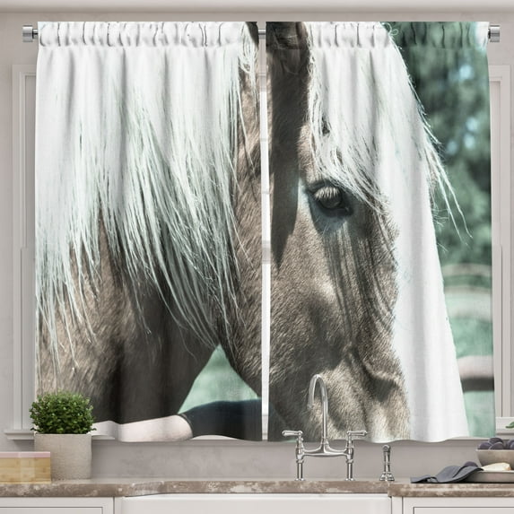 Ambesonne Dutch Kitchen Curtains, Draft Horse from Netherlands, 55"x45", Umber and White