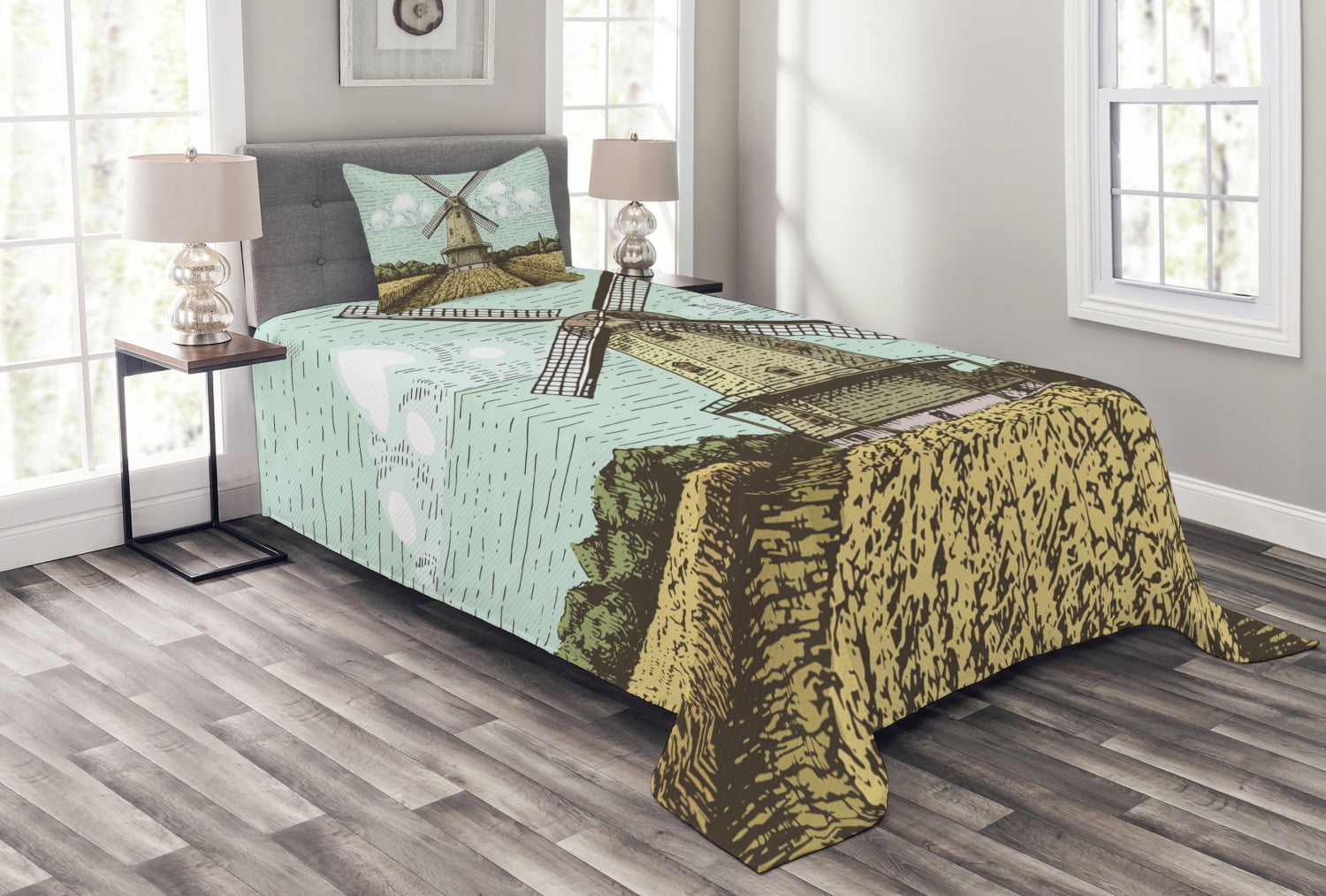Twin White Quilted Bedspread Set with Windmill Print
