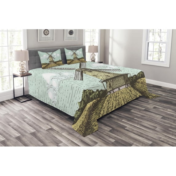 Ambesonne Dutch Quilted Bedspread Set 3 Pcs, Windmill and Farmland, Queen Size, Multicolor