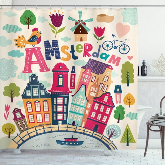 Ambesonne Dutch Shower Curtain, Cartoon Amsterdam Houses, 69"Wx75"L, Multicolor