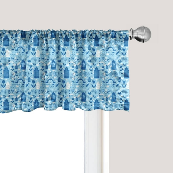 Ambesonne Dutch Window Valance, Cartoon Windmills Design, 54" X 12", Pale Blue Navy Blue