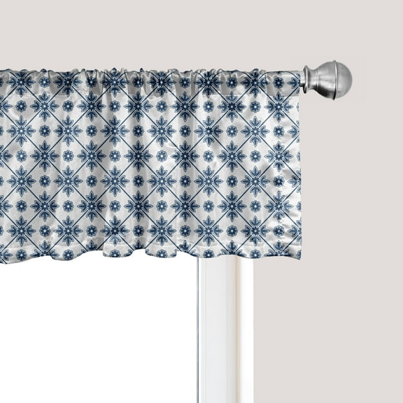 Ambesonne Dutch Window Valance, Rhombuses and Flowers, 54" X 12", Dark Blue and White