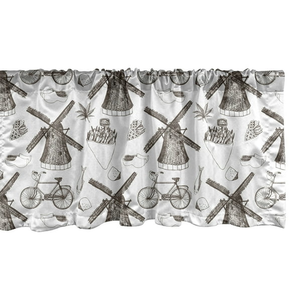 Ambesonne Dutch Window Valance, Windmills and Tulips, 54" X 18", Brown and White