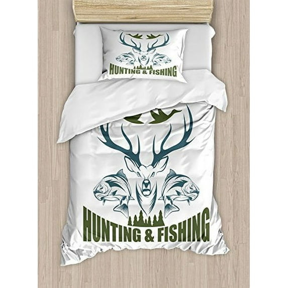 Ambesonne Duvet Cover Set, Animals Emblem Moose Head Horns Trout Salmon Sea Fishes, Decorative 2 Piece Bedding Set with 1 Pillow Sham, Twin Size, Olive Green