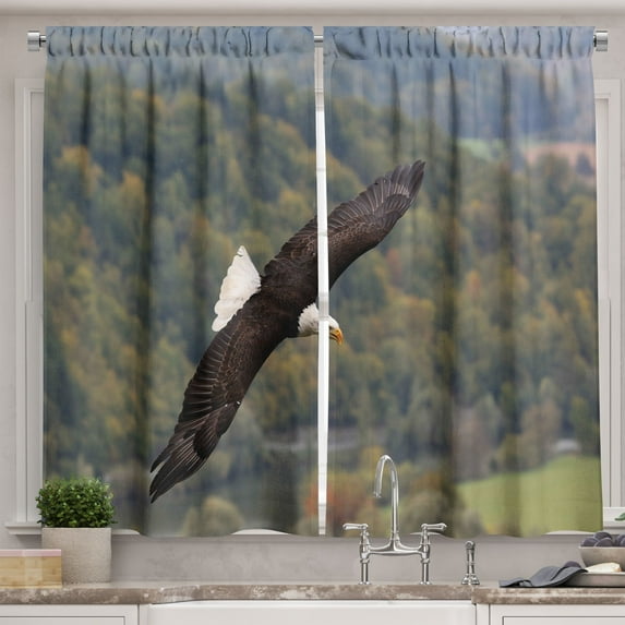 Ambesonne Eagle Kitchen Curtains, King of Skies Fly Forest, 55"x45", Green Dark Brown White