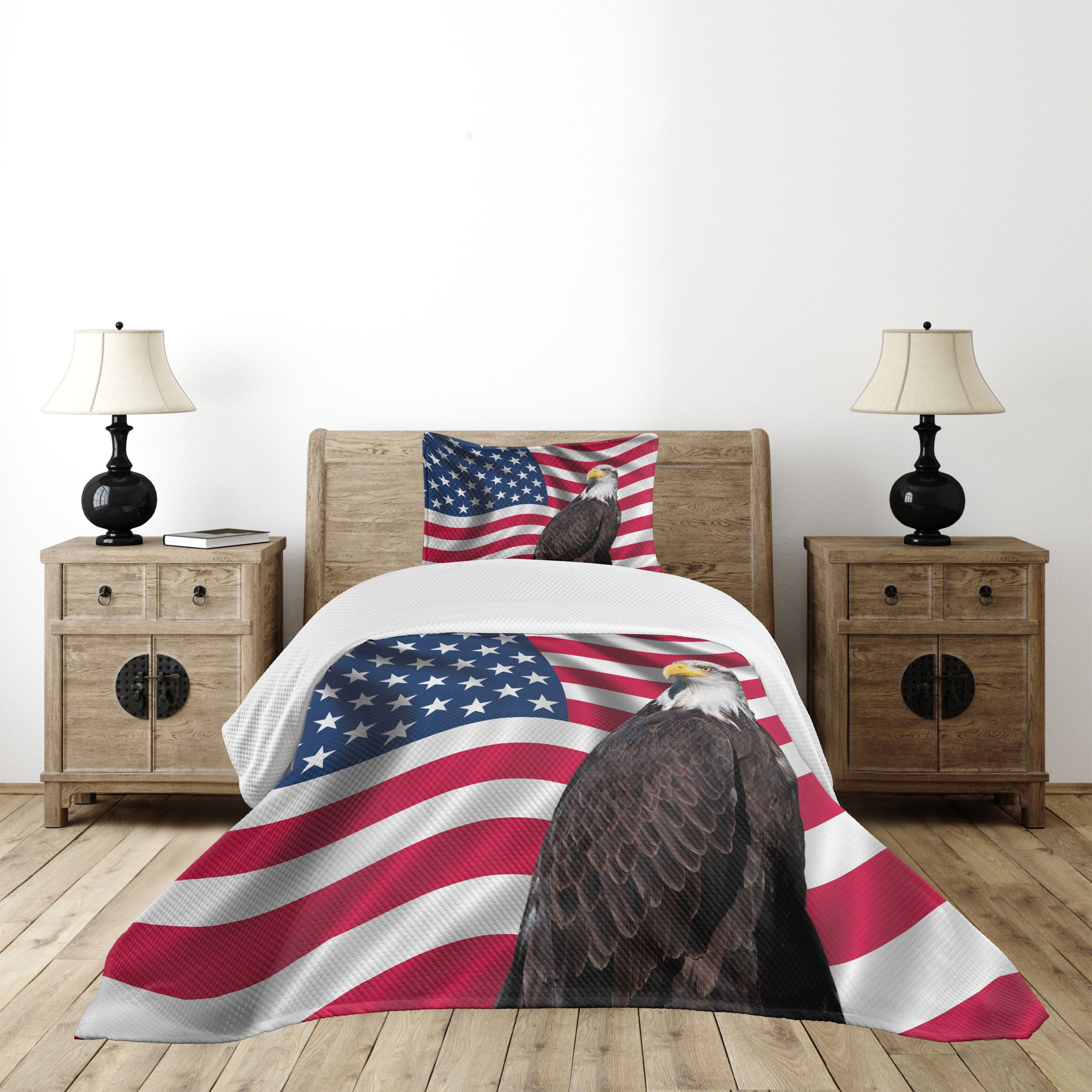 Patriotic American Flag and Eagle Twin Bedspread Set