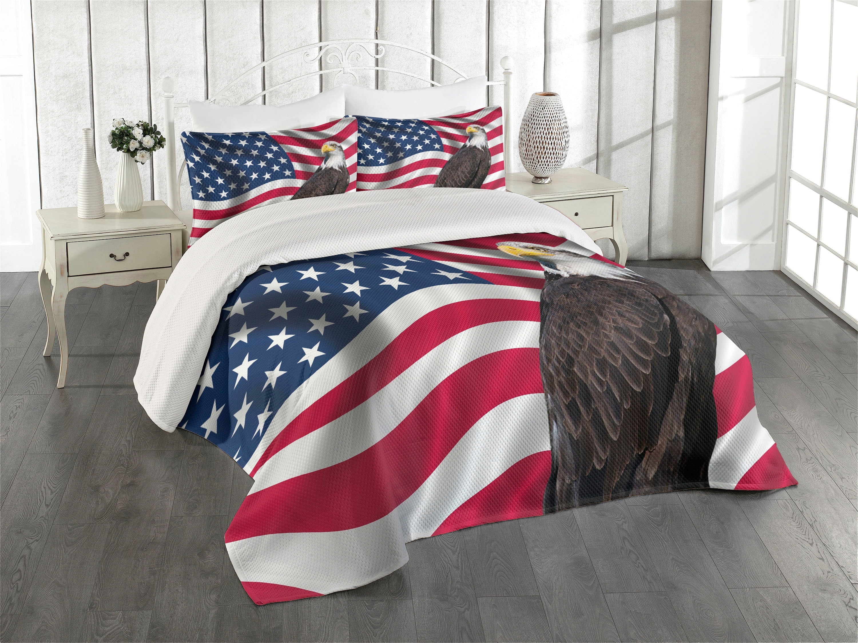 Patriotic American Flag and Eagle Twin Bedspread Set